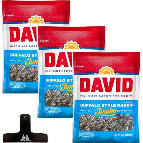 Mighty Merchandise David Buffalo Style Ranch Flavored Sunflower Seeds - 5.25 oz Bags (Pack of 3) - Salted & Roasted - With Mighty Merchandise Bag Clip