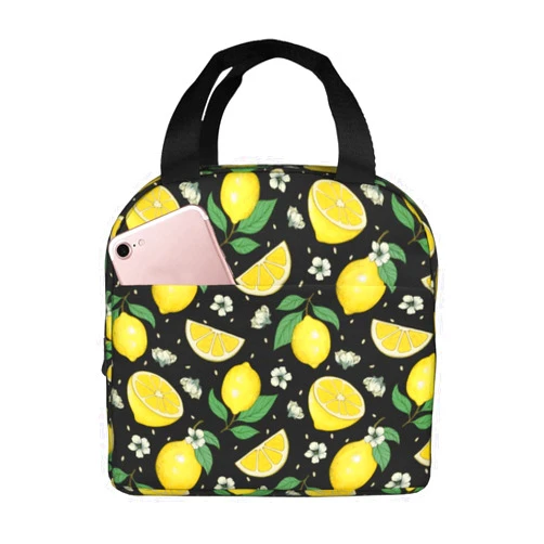 Odfovowo Lemons Portable Lunch Bags Insulated Lunch Box Reusable Cooler Tote Bag with Front Pocket for Women Men Adults Work Picnic Travel