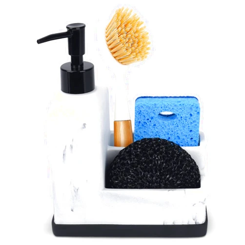 Deobath Dish Soap Dispenser with Sponge Holder,White Marble Look Liquid Hand and Dish Soap Dispenser and Spong Caddy with Brush Holder 3 in 1 Countertop Organizer for Kitchen Sink and Bathroom,White