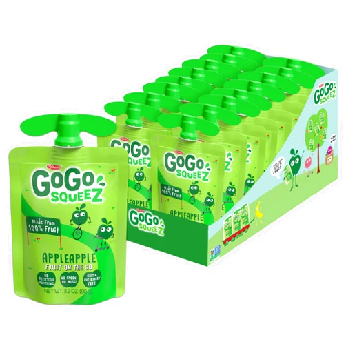 GoGo squeeZ Applesauce and Fruit Puree, Apple Apple, 3.2 oz (Pack of 18), Unsweetened Fruit Snacks for Kids, Gluten Free, Nut Free and Dairy Free, Recloseable Cap, BPA Free Pouches