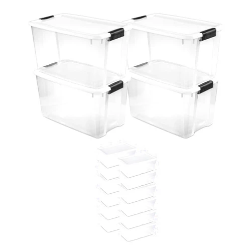 Sterilite 70 Quart Multipurpose Stackable Plastic Latching Lid Storage Tote, 4 Pack & 6 Quart Container Box Bin for Home Organization, Clear 12 Pack