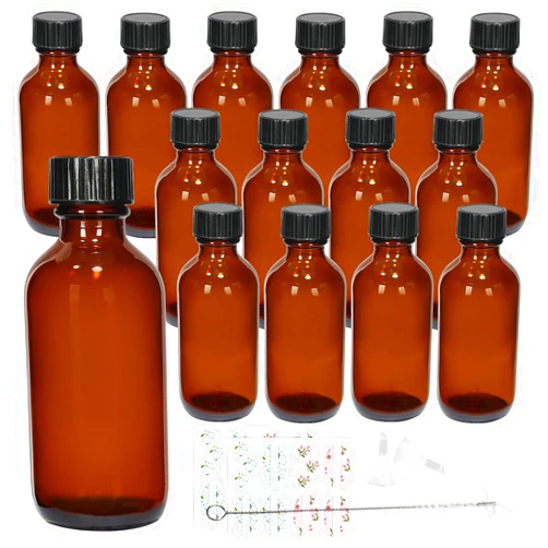Haneye 15 Pack Glass Amber Boston Bottles with Black Poly Cone Cap, 2 oz Round Glass Bottle for Essential Oil, Perfume and Liquid, Contains 24 Colored Labels, 2 Funnels, 1 Brush