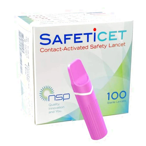 Safeticet Contact-Activated Safety Lancet Pink 100 Units. Needle Size 21G. Penetration Depth 2.20 mm. Volume: Medium