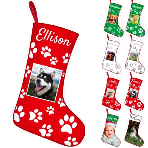 Hapelf Dog Christmas Stockings Personalized with Name Photo Custom Pet Dogs Picture Dog Paws Xmas Stocking Hanging Decor Gifts for Family Holiday Fireplace