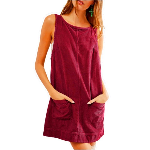 Hooever Women's Corduroy Overall Dress Round Neck A Line Skirtall Jumper Mini Dress Pinafore with Pockets
