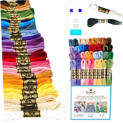 Charming Melodie DMC Embroidery Floss Pack, Popular Colors, DMC Embroidery Thread, DMC Floss Kit Include 36 Assorted Color Bundle with DMC Mouline Cotton White/Black and DMC Cross Stitch Hand Needles.
