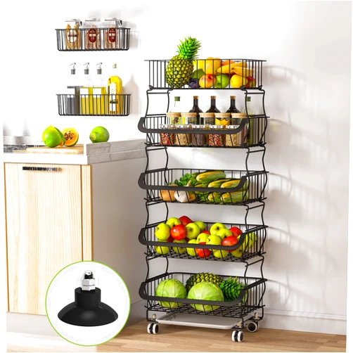 1Easylife Fruit Vegetable Basket, 1Easylife 5 Tier Stackable Metal Wire Basket Cart with Rolling Wheels, Utility Rack for Kitchen, Pantry, Garage With 2 Free Baskets (Black)