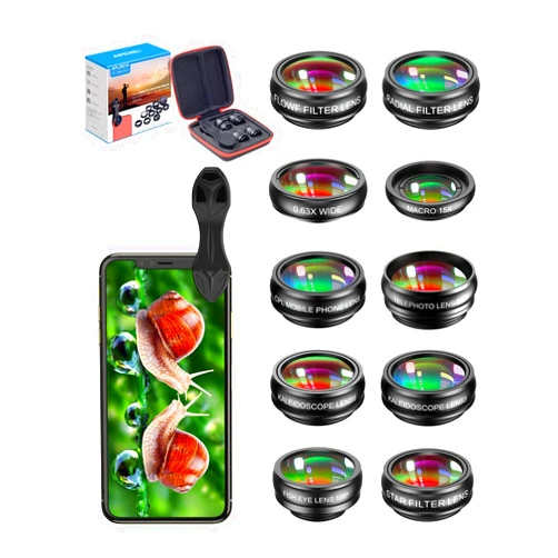 MIAO LAB 10 in 1 Cell Phone Camera Lens Kit, Wide Angle Lens & Macro Lens+Fisheye Lens+Telephoto Lens+CPL/Flow/Radial/Star Filter+Kaleidoscope 3/6 Lens for iPhone Samsung Sony and Most of Smartphone