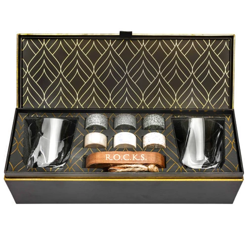 ROCKS WHISKEY CHILLING STONES Whiskey Chilling Stones Gift Set - 6 Handcrafted Premium Granite Round Sipping Rocks - 2 Crystal Superior Glasses - Hardwood Presentation & Storage Tray - Elegant Gold Foil Gift Box by R.O.C.K.S.