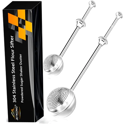 JETKONG 2 Pcs Flour Sifter, Stainless Steel Flour Duster for Bread Baking, Bakers Dusting Wand for Powdered Sugar and Spices (Small+Large, Silver)