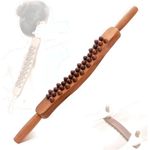 Goodtar Guasha Wood Stick Tools Wooden Therapy Scraping Lymphatic Drainage Massager, Double Row 34 Beads Point Treatment Gua Sha Tools for Back Leg, Anti-Cellulite and Pain Relief(Two Row,34 Beads)