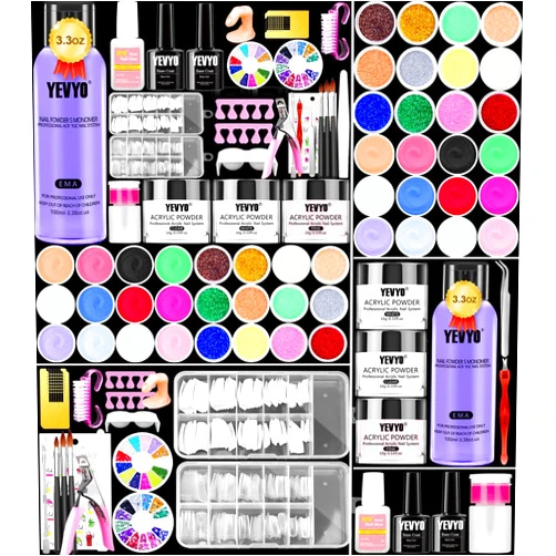 YEVYO Acrylic Nail Kit, Nail Kit for Beginners with Everything, 24 Colors Glitter Acrylic Powder and Liquid Monomer Set, 200 Pcs Nail Tips, 3 Pcs Acrylic Nail Brush for Home DIY Extension Nail Salon