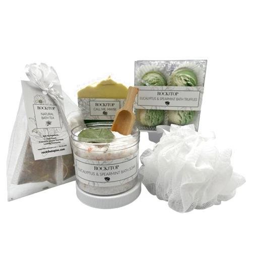 Rock the Top USA MADE | Eucalyptus Spearmint Spa Gift Baskets for Women. 6 Cold & Stress Self Care Gifts, Aromatherapy Epsom Salt Bath Soak, Bath Soap, Bath Bombs (Truffle), Bath Salts Gift Basket.