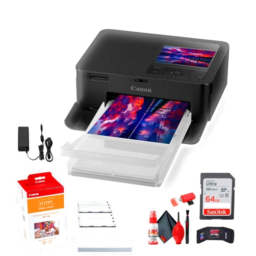 Canon SELPHY CP1500 Compact Photo Printer (Black) (5539C001) RP-108 Color Ink and Paper Set + 64GB Ultra Memory Card + Cleaning Kit + Memory Card Wallet + Card Reader