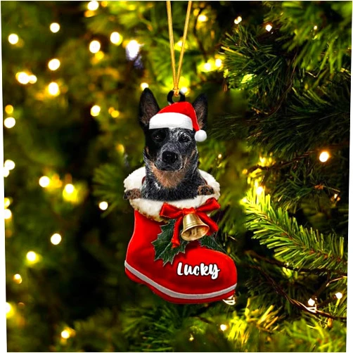 NAZENTI Personalized Blue Heeler 1 Ornament, Blue Heeler Christmas Ornament, Dog in Santa Boot, Dog Christmas Ornaments, Dog Ornament