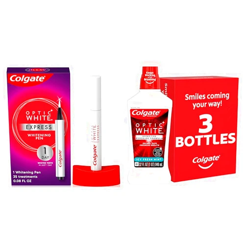 Colgate Optic White Express Teeth Whitening Pen with 35 Treatments, Enamel Safe & Optic White Whitening Mouthwash, 2% Hydrogen Peroxide, Fresh Mint, 32 Ounce, 3 Pack (Packaging May Vary)