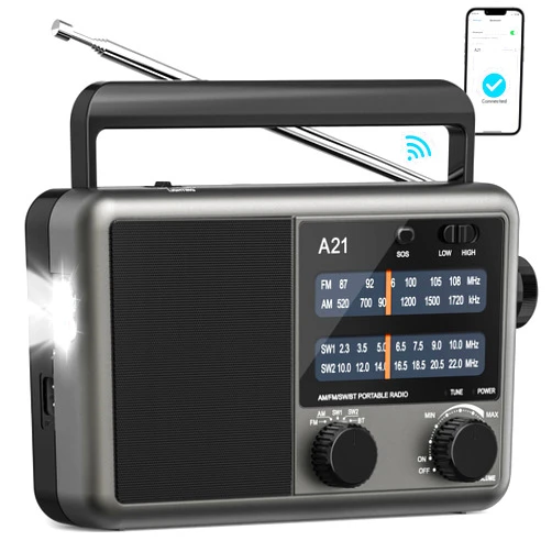 Jazmm Portable AM FM Shortwave Radio with Bluetooth,Transistor Radio with Best Reception,Battery Operated Radio by 4D Cell Batteries or AC Power,Flashlight,SOS Alarm,Big Speaker,Earphone Jack for Gift