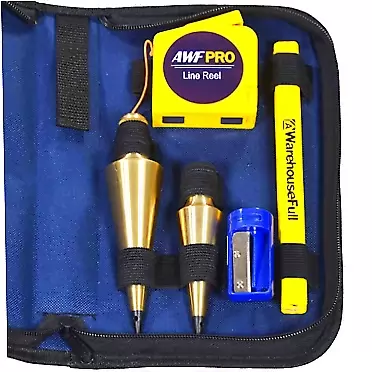 AWarehouseFull AWF PRO Plumb Bob Kit - Perfect for Construction Jobs and DIY. 16 oz and 8 oz Solid Brass Plumb Bobs, Retractable Line Reel with Magnetic Base, 2 Pencils, Pencil Sharpener, Carrying Case