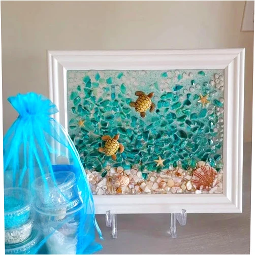 ZANWANXIN Sea Glass Art Kit, DIY Resin Beach Art Kit, DIY Mosaic Arts and Craft Kits, Sea Glass Art Photo Frame, Resin Beach Art Kit for Home Decoration (Sea Turtle)