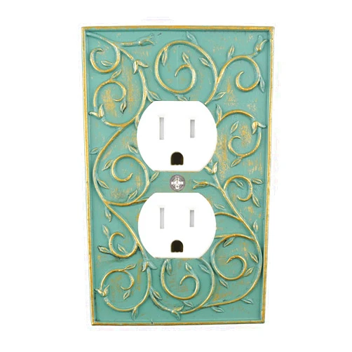 Meriville French Scroll Electrical Outlet Wall Plate Cover, Hand Painted Single Duplex receptacle outlet cover, Buckingham Green with Gold