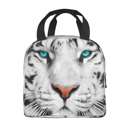 VOOHDDY White Tiger Cool Face Insulated Lunch Bag For Men Women Reusable Lunch Box Container Waterproof Portable Cooler Thermal Tote Bag For Work Office Picnic Beach Travel