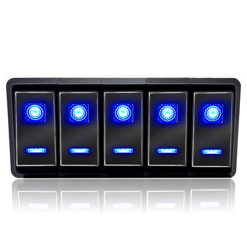 Xhtechnology Waterproof Aluminum Toggle Switch Panel, 12V/24V Rocker Switch Panel, 5 Pin On-Off Car Boat Switch, Blue LED Pre-Wired Switch Panel for Marine Boat Automotive Car RV Truck Vehicles (JA-A5)
