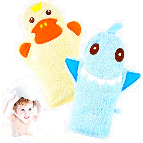 Shappy 2 Pieces Baby Bath Mitt Washcloths with Cute Animal Designs Yellow Duck Shark Towel Gentle Soft Scrub for Toddler Bath and Shower