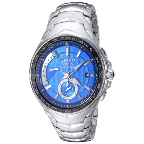 SEIKO SSG010 Watch for Men - Coutura Collection - Radio Sync Solar Chronograph, Two-Tone Stainless Steel Case & Bracelet, Black Dial with Lumibrite Hands & Markers, and Date Calendar