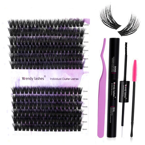 WENDY LASHES DIY lash Extension Kit 60D/80D Lash Cluster Kit 3D Effect 240 PCS D Curl 12-16mm Mixed,Individual Lashes Clusters Lash Band and Seal Cluster Lash Applicator Individual Lashes Kit