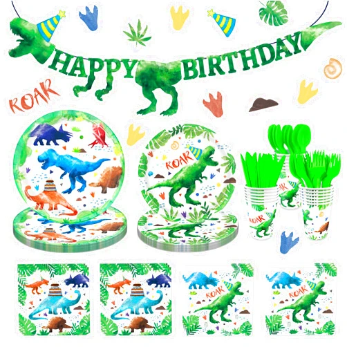Oigco 169 Pcs Watercolor Dinosaur Party Supplies Dinosaur Theme Birthday Party Decoration Includes Banner Plates Cups Napkins Knives Forks Spoons Tableware for Boys Birthday, Serves 24 Guests