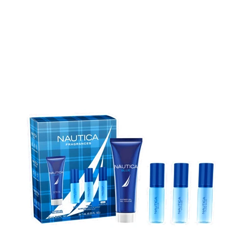 Nautica Blue, Voyage, and Pure Blue 4 Piece Gift Set, Notes of Basil, Jasmine, and Cedarwood, Men's Fragrance, Long Lasting, Everyday Fragrance