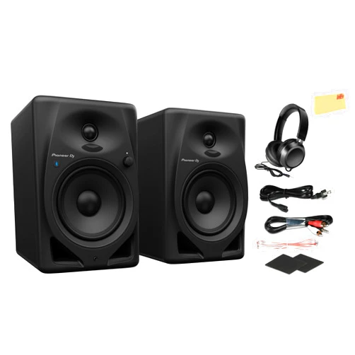 Pioneer DJ Pioneer DM-50D-BT 5-Inch Desktop Active Bluetooth Monitor Speaker - Black Bundle with Cable, Speaker Cord, Bottom Cushion, Headphones, and Austin Bazaar Polishing Cloth
