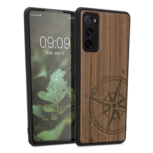 kwmobile Wood Case Compatible with Samsung Galaxy S20 FE Case - Cover - Navigational Compass Dark Brown