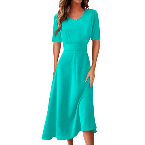 Shusuen Womens Short Sleeve Dress Casual Solid Color V Neck Boho Dresss Loose Flowy 2024 Spring Summer Trendy Dresses