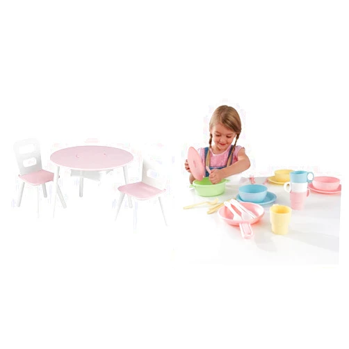 KidKraft Wooden Round Table & 2 Chair Set with Center Mesh Storage- Pink & White & 27-Piece Pastel Cookware Set, Plastic Dishes and Utensils for Play Kitchens, Gift for Ages 18 mo+