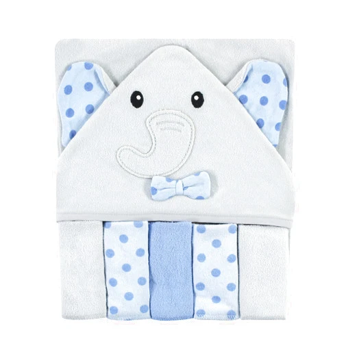 Hudson Baby Unisex Baby Hooded Towel and Five Washcloths, Blue Dots Gray Elephant, One Size