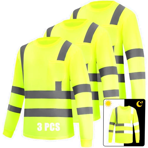 WPLM 3 Pack Hi Vis Long Sleeve Safety Shirts Reflective DryBlend Shirts for Railway Colleague Moisture Wicking Multipack