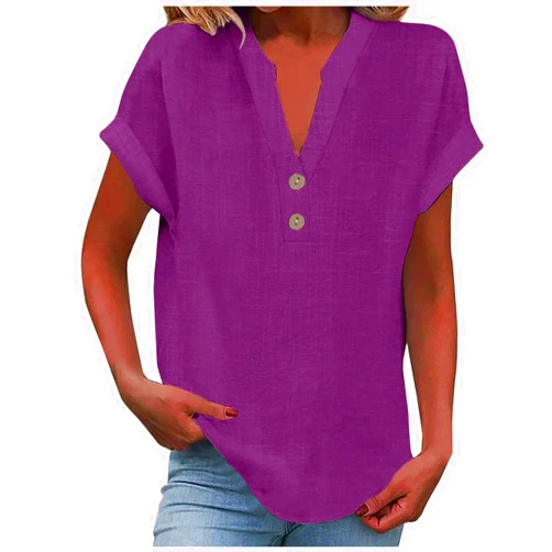 Wirziis Linen Shirts for Women Summer Casual Vneck Button Work Tshirt Loose Roll Up Short Sleeve Holiday Beach Blouse Tops