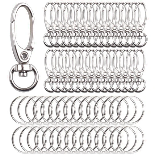 Aylifu 30 Pieces Silver Metal Swivel Lobster Clasp Lanyard Clips Trigger Snap Hooks and 30 Pieces Split Key Rings 25mm for Keys DIY Making