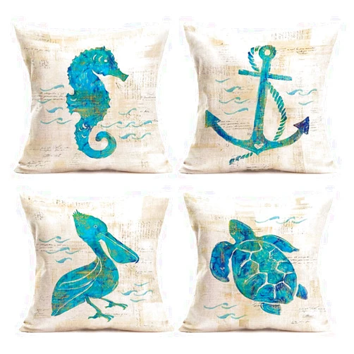 Asamour Mediterranean Style Throw Pillow Case Ocean Park Sea Animal Design Cotton Linen Throw Pillow Cushion Cover Square Home Sofa Pillowcase Set of 4,18’’x18’’,Sea Turtle, Sea Horse, Pelican, Anchor