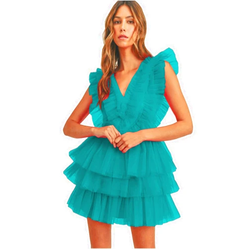 CLcaojun Women's Ruffles Tiered Tulle Homecoming Dresses V-Neck Short Mini Prom Dress A-line Cocktail Dress