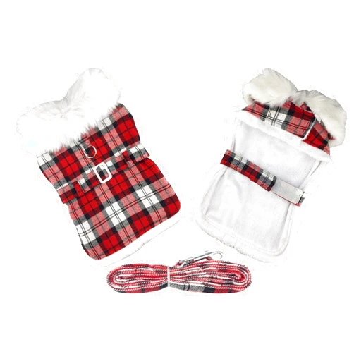 DOGGIE DESIGN Plaid Fur-Trimmed Dog Harness Coat - Red and White (X-Small)