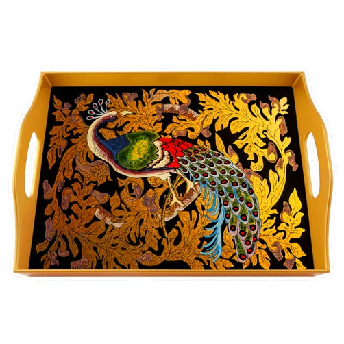 Ducoteduparc Unique gift - Colorful Peacock with Old Gold Leaves and Black Background - Rectangular Hand Painted Glass Tray with Gold Aluminium Frame