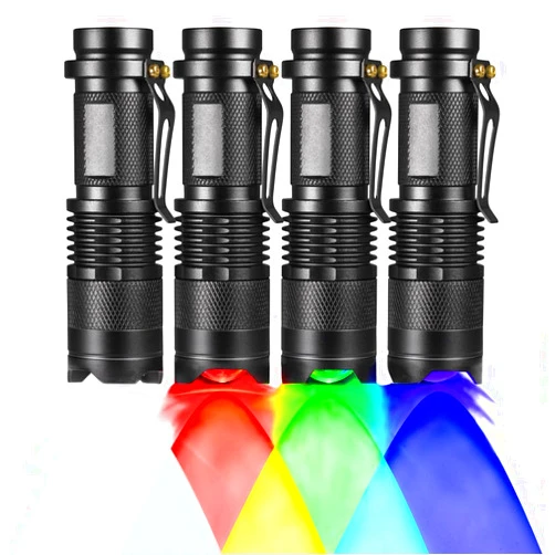 RaySoar (Pack of 4) 4 Color Light Single Mode Flashlight: Red Light Flashlight, Green Light Flashlight, Blue Light Flashlight, Cool White Light Flashlight for Night Observation