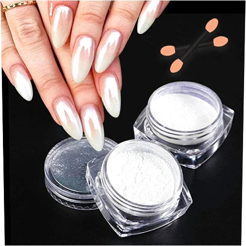 Hyartisan 2 Boxes White Pearl Chrome Nail Powder, Mirror Effect Aurora Magic Pearlescent White Nail Powder Pigment, Glitter Nail Art, Holographic Ice Aurora Dust Nail Powder for Manicure Decorations