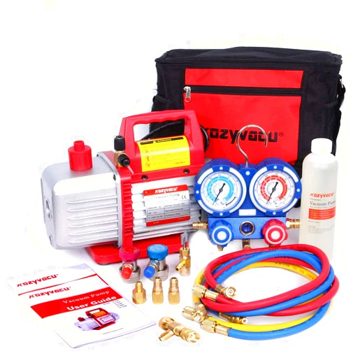 Kozyvacu Mini Split/HVAC/AUTO AC Repair Complete Tool Kit - Includes 1-Stage 4.5 CFM Vacuum Pump, Manifold Gauge Set, Hoses and Accessories, Perfect for AC Recovery and R134a Refrigeration(TA450F)