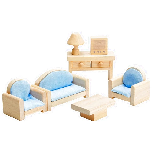 PlanToys Wooden Classic Line of Dollhouse Furniture- Living Room Set (9015) | Sustainably Made from Rubberwood and Non-Toxic Paints and Dyes | PlanNatural Classic Wooden Toy Collection