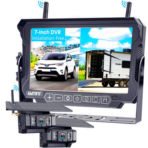 AMTIFO RV Backup Camera Wireless Install-Free 2-Cameras: Magnetic Shockproof with 2 Iron Brackets 7 Inch Rear View Camera for Trailer Truck - Solar Reverse Camera Recording Stable Signal - AMTIFO A9