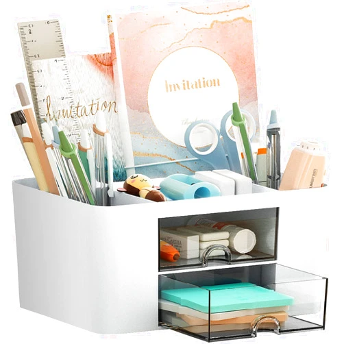 Marbrasse Pen Organizer with 2 Drawer, Multi-Functional Pencil Holder for Desk, Desk Organizers and Accessories with 5 Compartments + Drawer for Office Art Supplies (White)