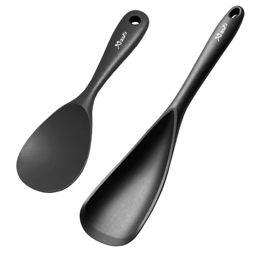 XiaoZu Cooking Spoon and Rice Scooper Set for Nonstick Cookwares, Heat Resistant- Seamless Design, Great for Cooking, Serving, Mixing, Scoop, and Scrape,2 Pack, Black